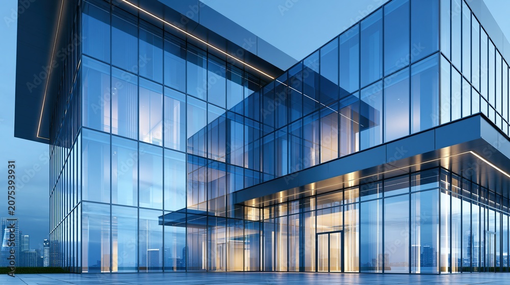 Obraz premium Modern contemporary glass curtain wall office building with warm interior lighting against dusk city sky presenting sleek modern business architecture