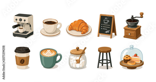 Collection of illustrated coffee shop items and pastries for a delightful cafe experience
