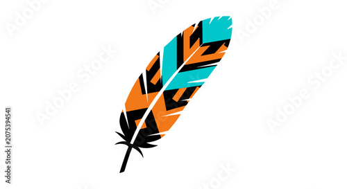 Abstract patterned bird feather with colorful geometric design.