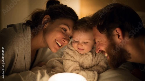 Parents lovingly gaze at their baby during a quiet, warm evening at home