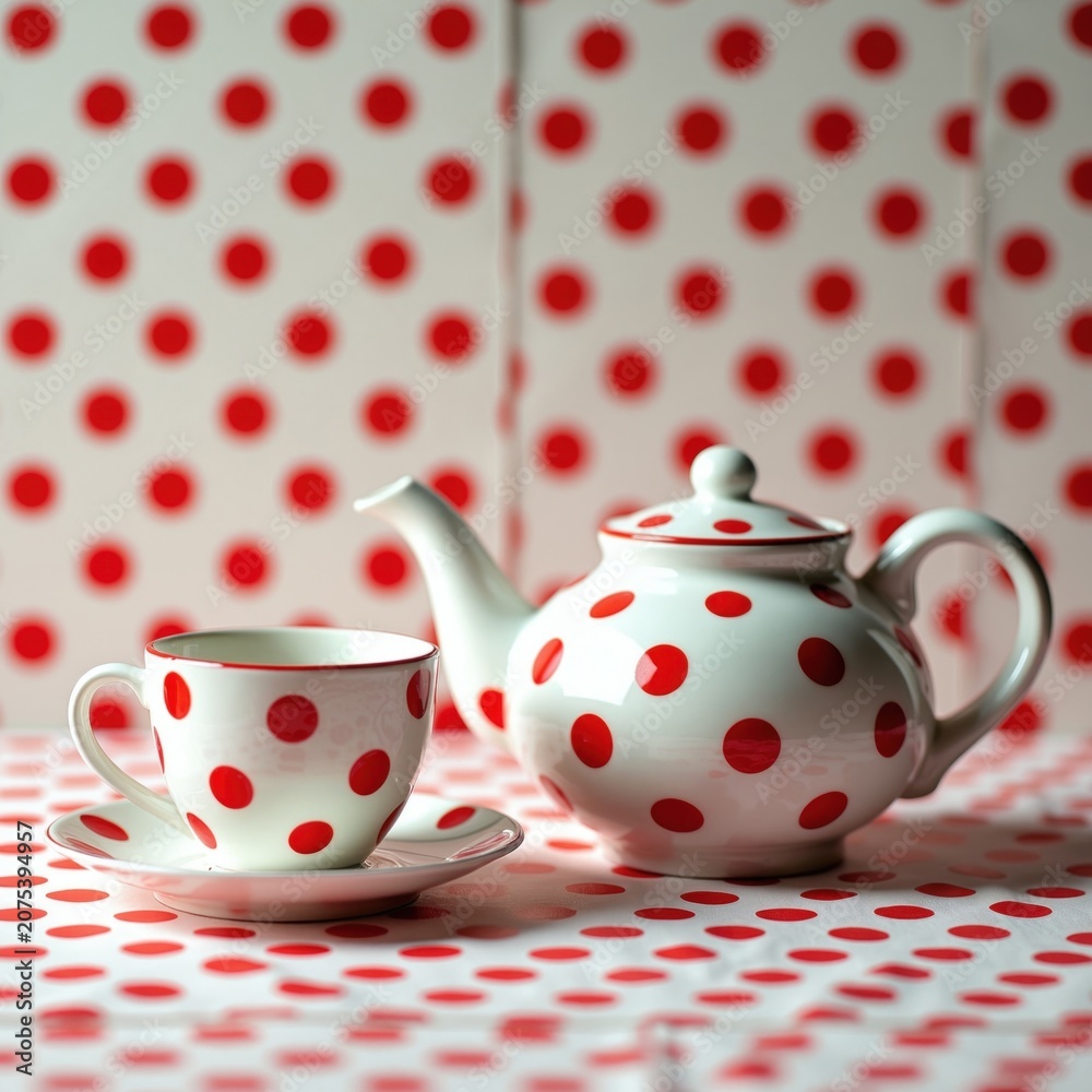 Fototapeta premium White teapot and cup with red polka dots sit on checkered tablecloth. Background has matching red dot pattern. Beverage service set arranged for morning tea.