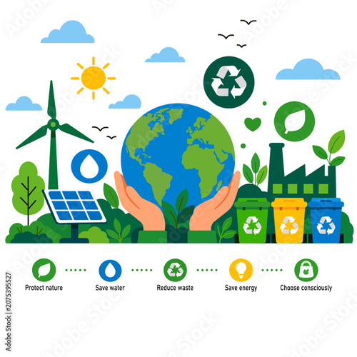 Green Environment Protection Banner with Recycling, Clean Energy, Water Conservation and Sustainable Lifestyle Vector