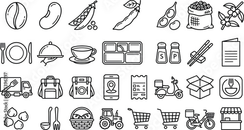 Valokuva Food Delivery and Grocery Service Icon Set with Fresh Vegetables, Meal Packaging