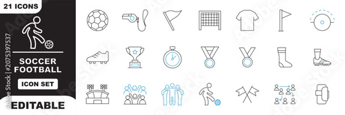 Photos Professional soccer and football line icon set featuring ball, goal, jersey, trophy, whistle, and match strategy symbols
