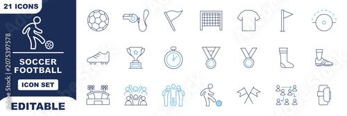 Fotografía Professional soccer and football line icon set featuring ball, goal, jersey, trophy, whistle, and match strategy symbols