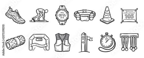Set of hand-drawn running and marathon icons for athletics, including a sneaker, stopwatch, race bib, and finish line, depicted in a black and white doodle sketch style