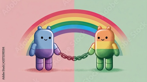 Colorful Cartoon Characters Holding Hands Under Rainbow