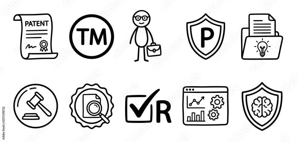 Fototapeta premium Hand-drawn intellectual property icon set collection showing patent, trademark, copyright, and legal protection symbols in a simple black and white sketch illustration