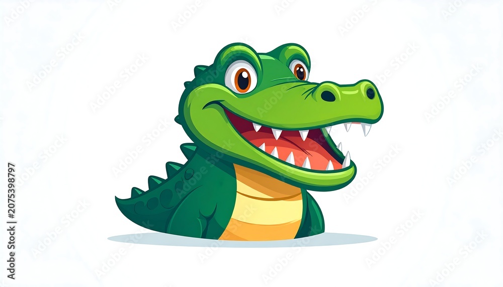 Fototapeta premium Cute Green Cartoon Crocodile Smiling on Clean White Background