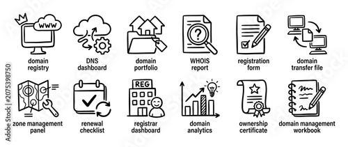 Hand-drawn domain name management icon set illustrating web services like registry, DNS, hosting, and analytics in a simple black and white line art doodle style for presentations