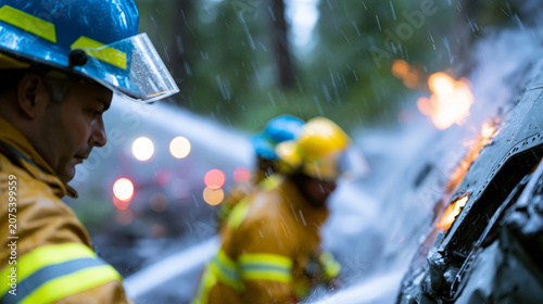 Faceless firefighters working around torn airplane wreckage in a forest crash site, spraying hose streams through smoke and rain to knock down flames and access the damaged