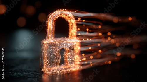 Cybersecurity digital padlock with glowing light particles