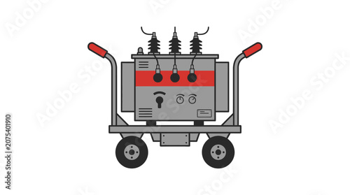 Electrical transformer on trolley with red stripe, isolated on white background