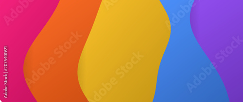Bright horizontal abstract background with pink, yellow, and blue fluid waves. Eye-catching modern vector graphic for website headers, advertising banners, and digital wallpapers.