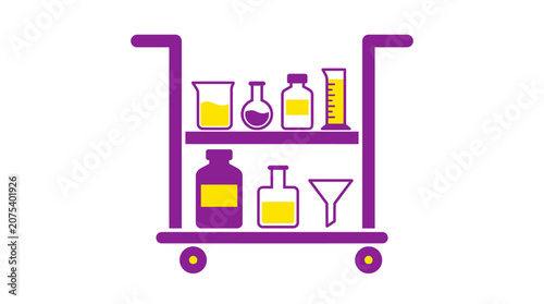 Laboratory Cart with Scientific Glassware and Chemicals, Purple and Yellow Icon