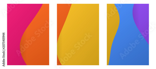 Trio of vertical abstract banners with wavy yellow, orange, and blue backgrounds. Minimalist fluid design templates suitable for mobile marketing and vertical digital advertising.