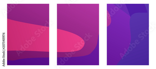 Set of three vertical abstract backgrounds featuring purple and pink fluid shapes. Stylish gradient banners for social media stories, mobile apps, and artistic vertical layouts.