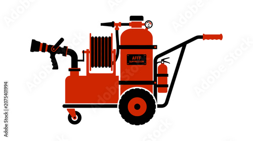 Mobile Fire Extinguisher Cart with Hose and Nozzle on White Background
