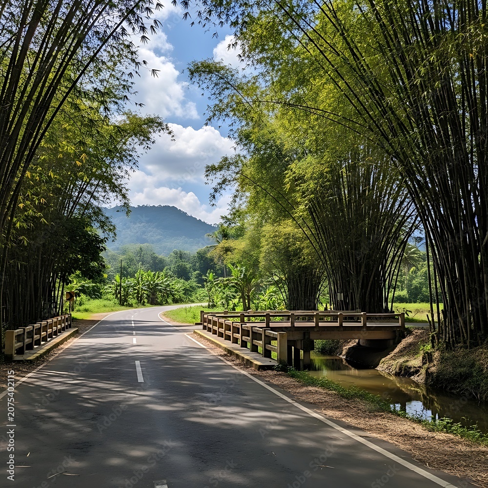 Obraz premium Lush Bamboo Grove Framing Quiet Rural Road and Bridge in Tropical Mountain Landscape