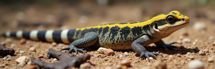 Mexican beaded lizard has black and yellow patterned scales. Reptile crawls on sandy ground with small stones. It has strong claws and a striped tail.