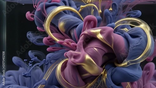Artistic Close-Up of Rich Blue and Pink Ink Fluidly Merging with Liquid Gold