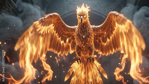 Spectacular Phoenix Rising and Spreading Flaming Wings from a Pile of Ash