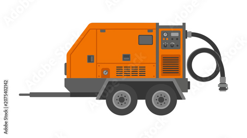 Orange construction compressor on trailer with hose and nozzle, industrial equipment