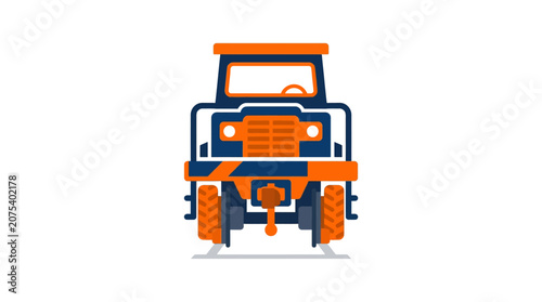 Front View Illustration of a Vintage Diesel Locomotive on Tracks, Orange and Blue