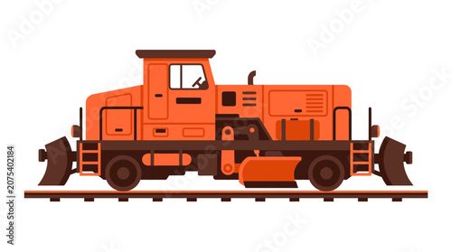 Orange diesel locomotive on railway tracks, industrial transport, vector illustration