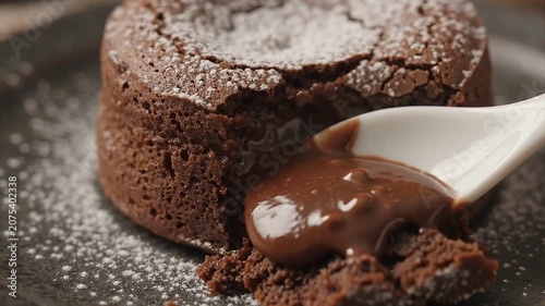 Irresistible Close-Up of Warm Liquid Chocolate Oozing from a Lava Cake