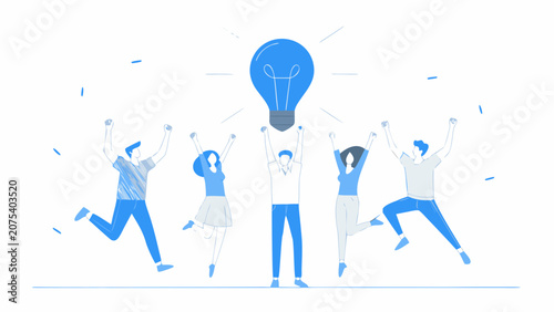 Bild auf Leinwand Team Celebrating Idea With Lightbulb Blue Vector Illustration