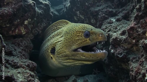 Terrifying Green Moray Eel Showing Its Sharp Teeth Inside a Dark Coral Cave