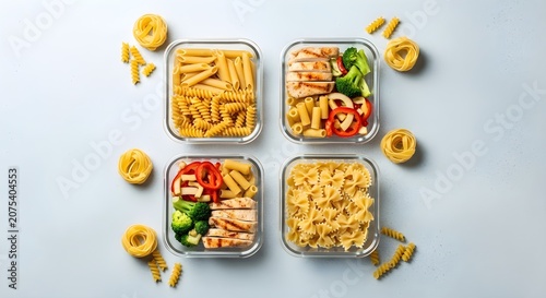 Four glass fitness meal prep boxes with pasta on white background