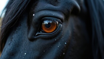 Close up of a majestic black horse eye. The horse has a glossy dark coat with small glittering specks. Its large brown eye reflects a subtle landscape. The creature looks calm and powerful.