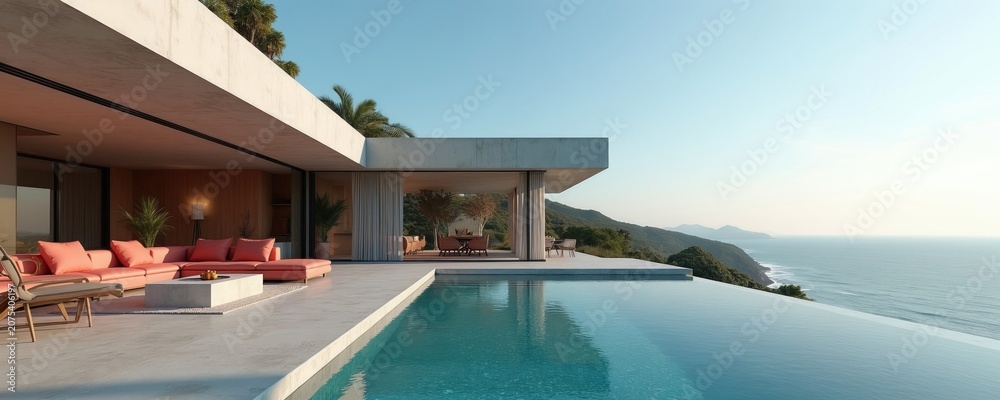 Fototapeta premium Modern concrete house with pool overlooks ocean and green hills. Stylish minimalist architecture features open living spaces and luxury furnishings for ultimate relaxation.