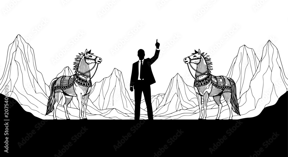 Fototapeta premium Dramatic silhouette of businessman with armored horses.