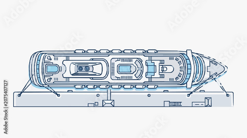 Fotografie Top view illustration of a modern cruise ship docked at a pier.