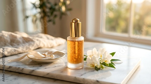 Premium Gold Skincare Serum Dropper Bottle on Marble. Ideal for Cosmetic Product Photography & Beauty Advertising.