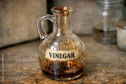 A standard-sized bottle of vinegar placed on a table, suitable for use in various settings including kitchen or office
