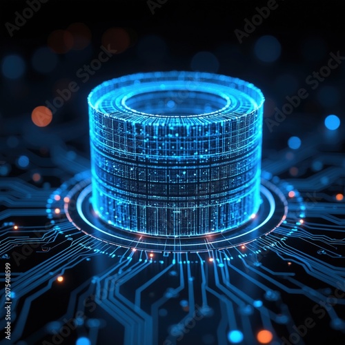 Glowing blue digital cylinder on circuit board background. Futuristic data processing, abstract tech concept. Neon light highlights intricate lines, network connection.