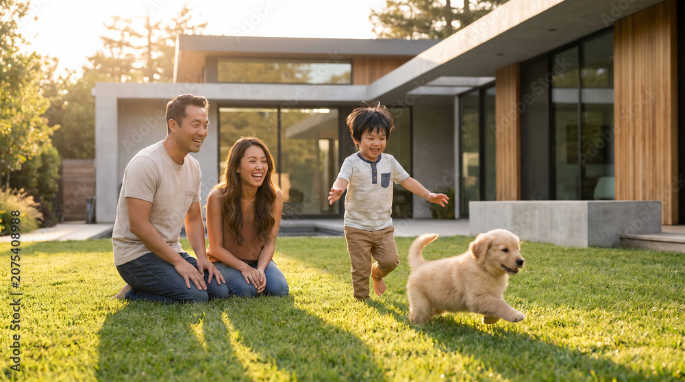 Fototapeta premium Happy Asian Family Watching Little Son Chase Golden Retriever Puppy in Backyard.