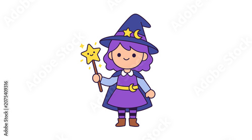 Cute little witch holding a magic star wand