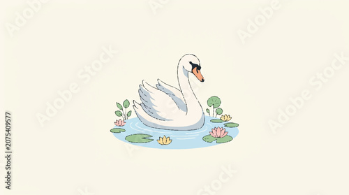 White Swan Bird Swimming Water.