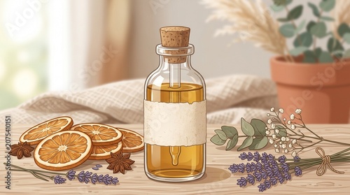 Natural essential oil glass bottle with pipette dried orange slices lavender and star anise on wooden table vector illustration
