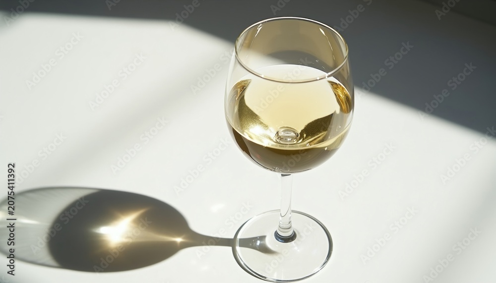 Fototapeta premium Stemmed glass with light yellow wine. Sunlight casts shadow on white table. Beverage waits for tasting. Refreshing drink served at restaurant or party.