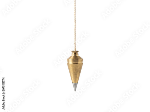 Brass plumb bob with string for vertical alignment and construction measurements, isolated on transparent background.