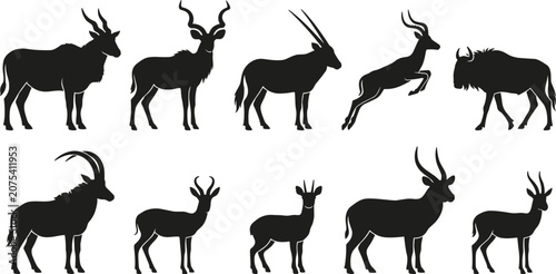 Quadro em tela African Antelope Silhouette Set Featuring Kudu Oryx Gazelle Wildebeest Sable Imp