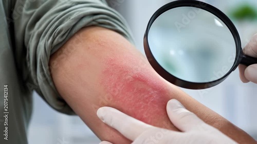 Doctor checking inflamed skin rash on patient arm with magnifier, dermatology, allergy, treatment, medical care