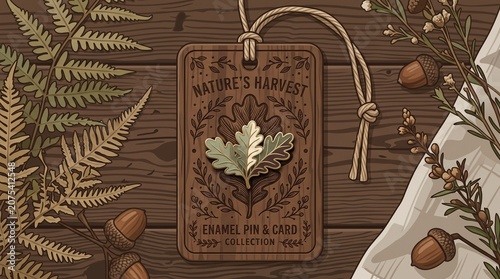 Autumn Oak Leaf Enamel Pin Mockup on Wooden Backing Card with Acorns and Ferns