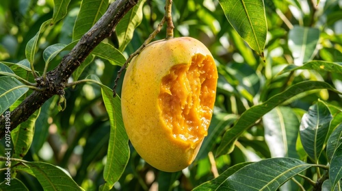 Close up of partially eaten ripe mango hanging on tree with fresh juicy exposed flesh